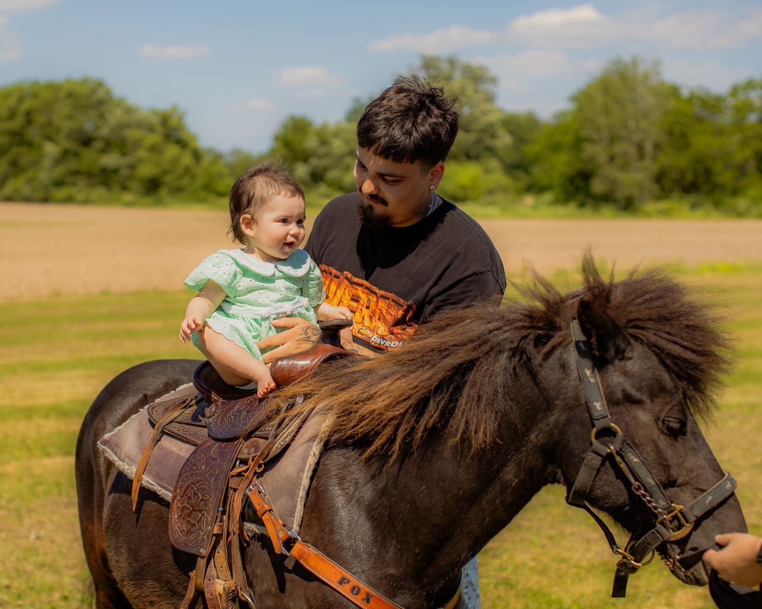 Father holds baby on brown horse in sunny green field during first rodeo birthday celebration.