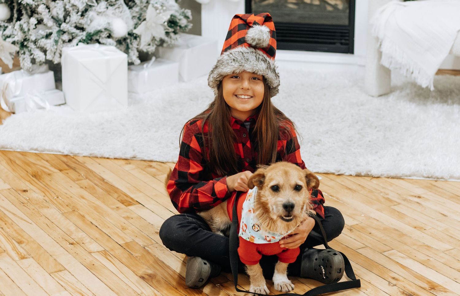 Person in winter hat and plaid shirt poses with dog on hardwood floor near Christmas decor.