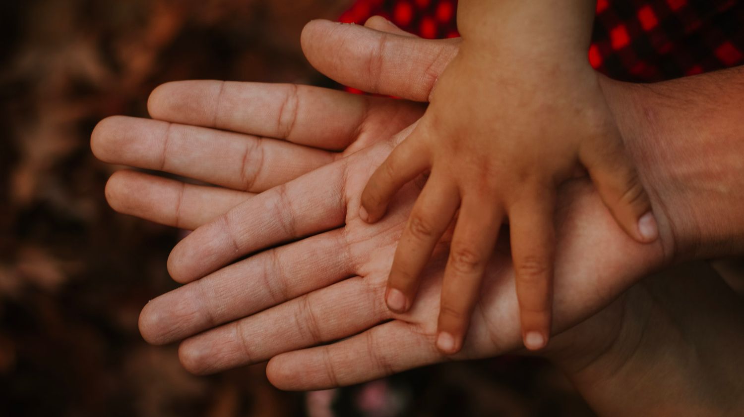 Close-up of adult and child hands touching in warm lighting.