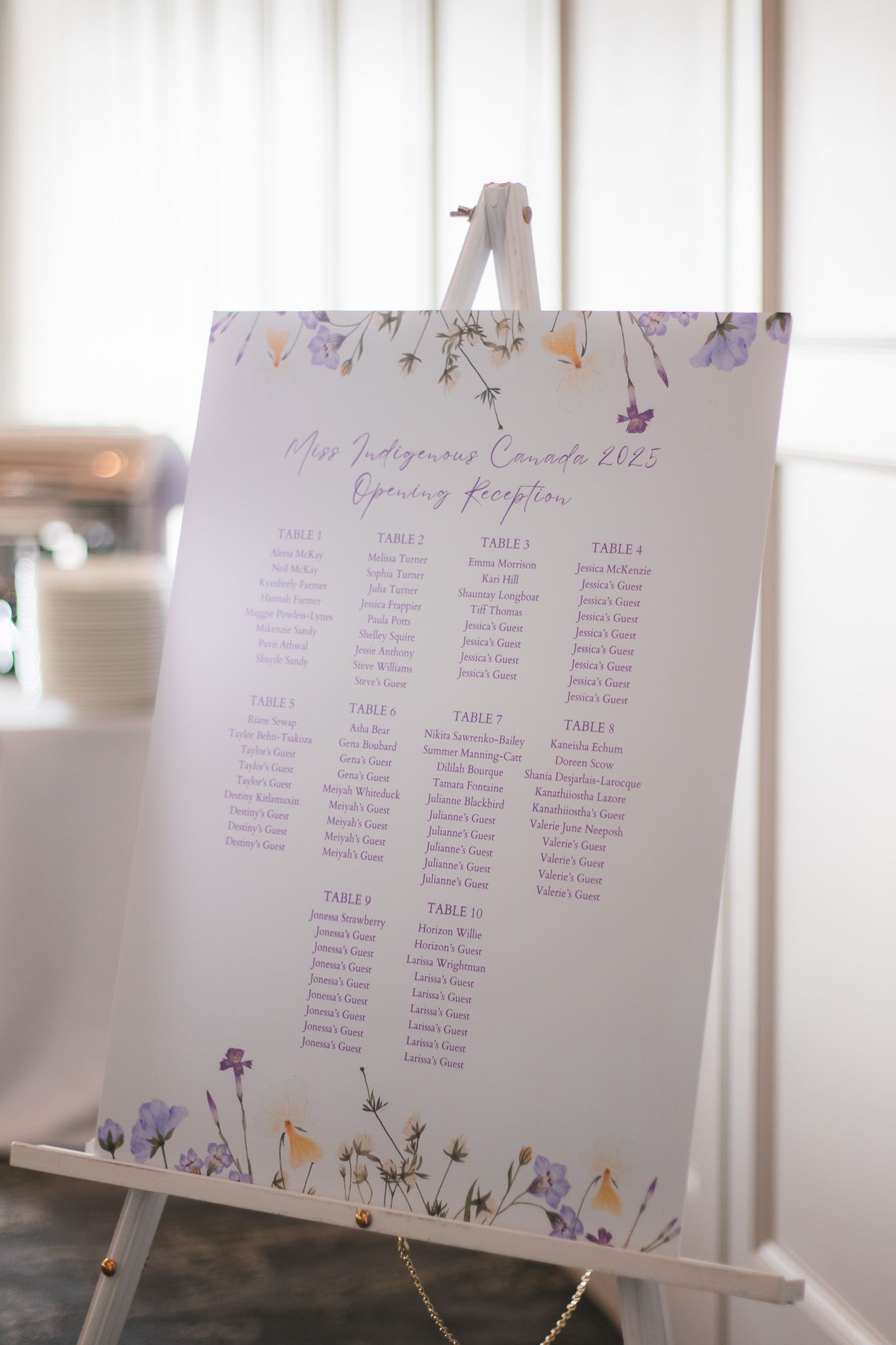 Wedding seating chart display with floral design and guest names.