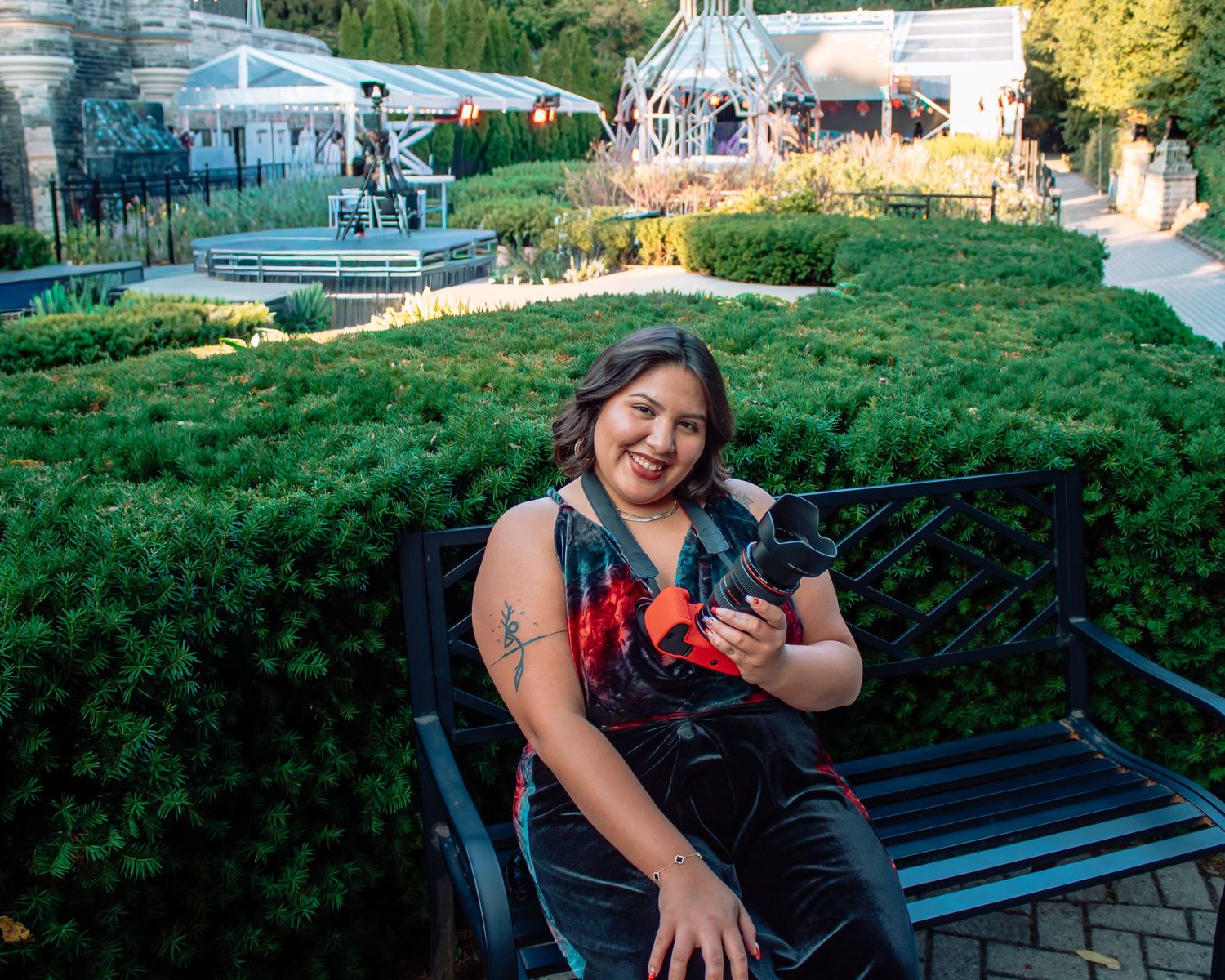 A series of outdoor portrait photos taken in a park with lush greenery and a bench at sunset.