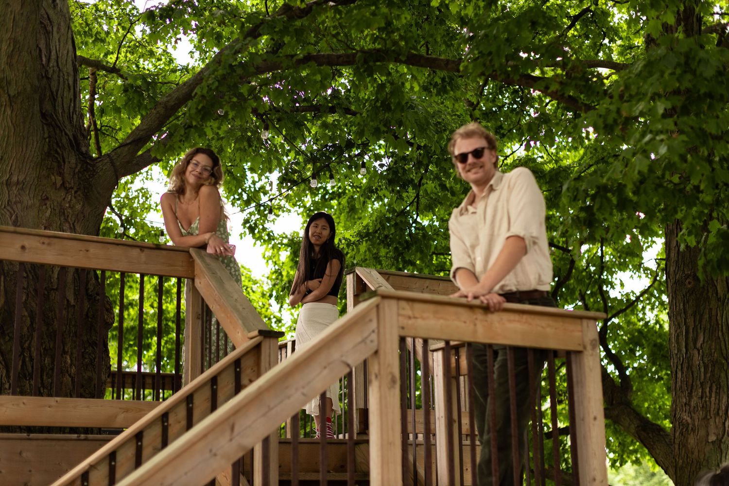 People gathering on a wooden deck surrounded by green trees on a sunny day.