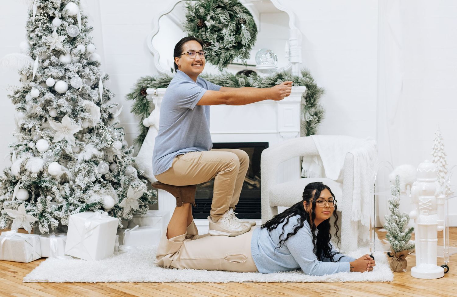 Playful holiday photoshoot sequence with people in matching outfits against a white Christmas backdrop.