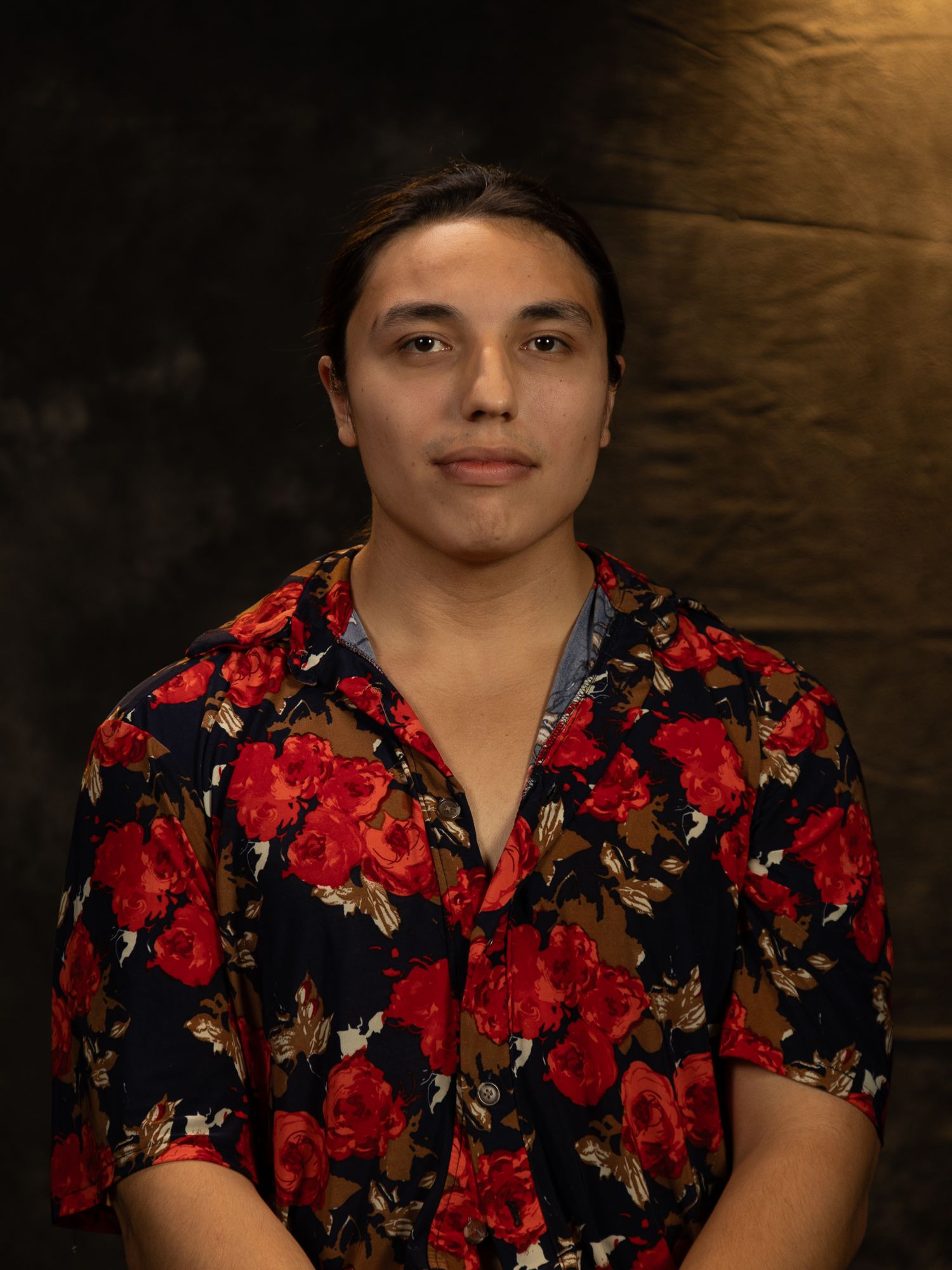 Portrait series featuring someone wearing a floral dress with red roses against a dark background.