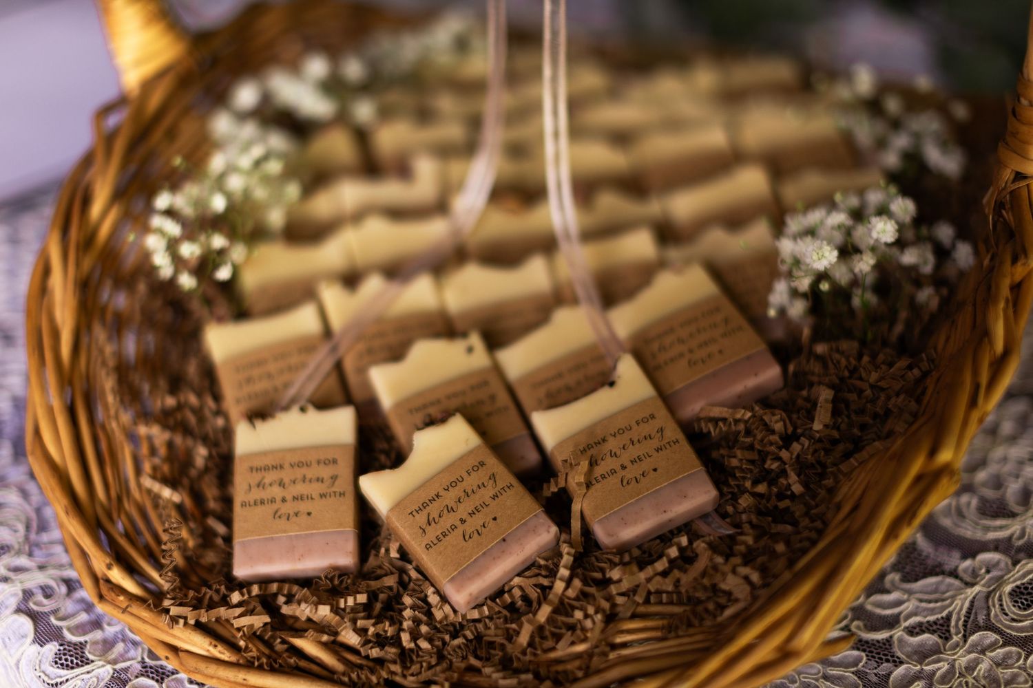 Wedding favor tags arranged in a woven basket with decorative elements.