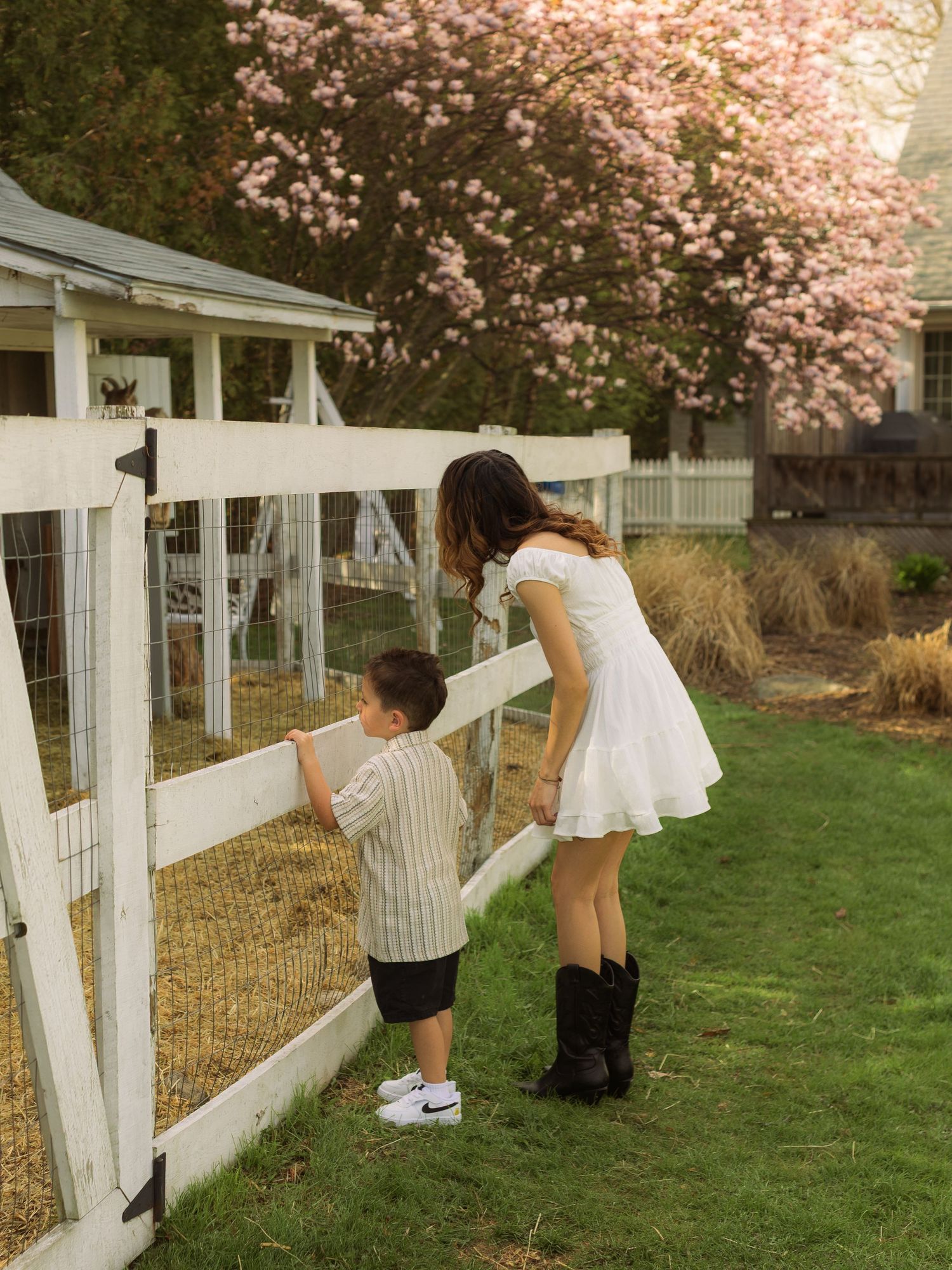 A woman in a white dress and boots helps a young boy look through a white fence near a blooming tree.