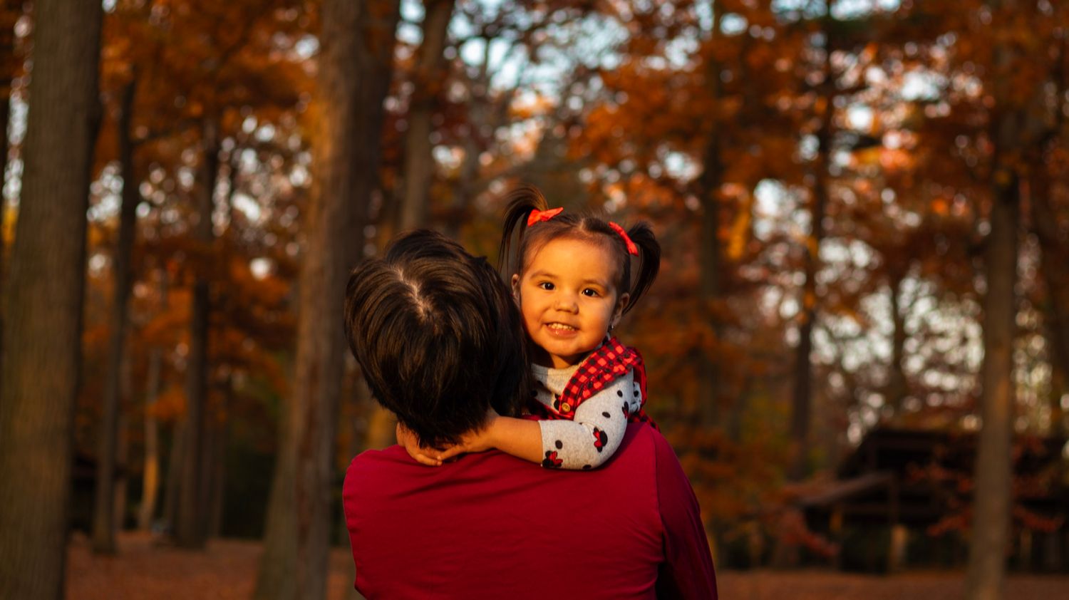 A heartwarming autumn scene of a child being held against a backdrop of orange fall foliage.