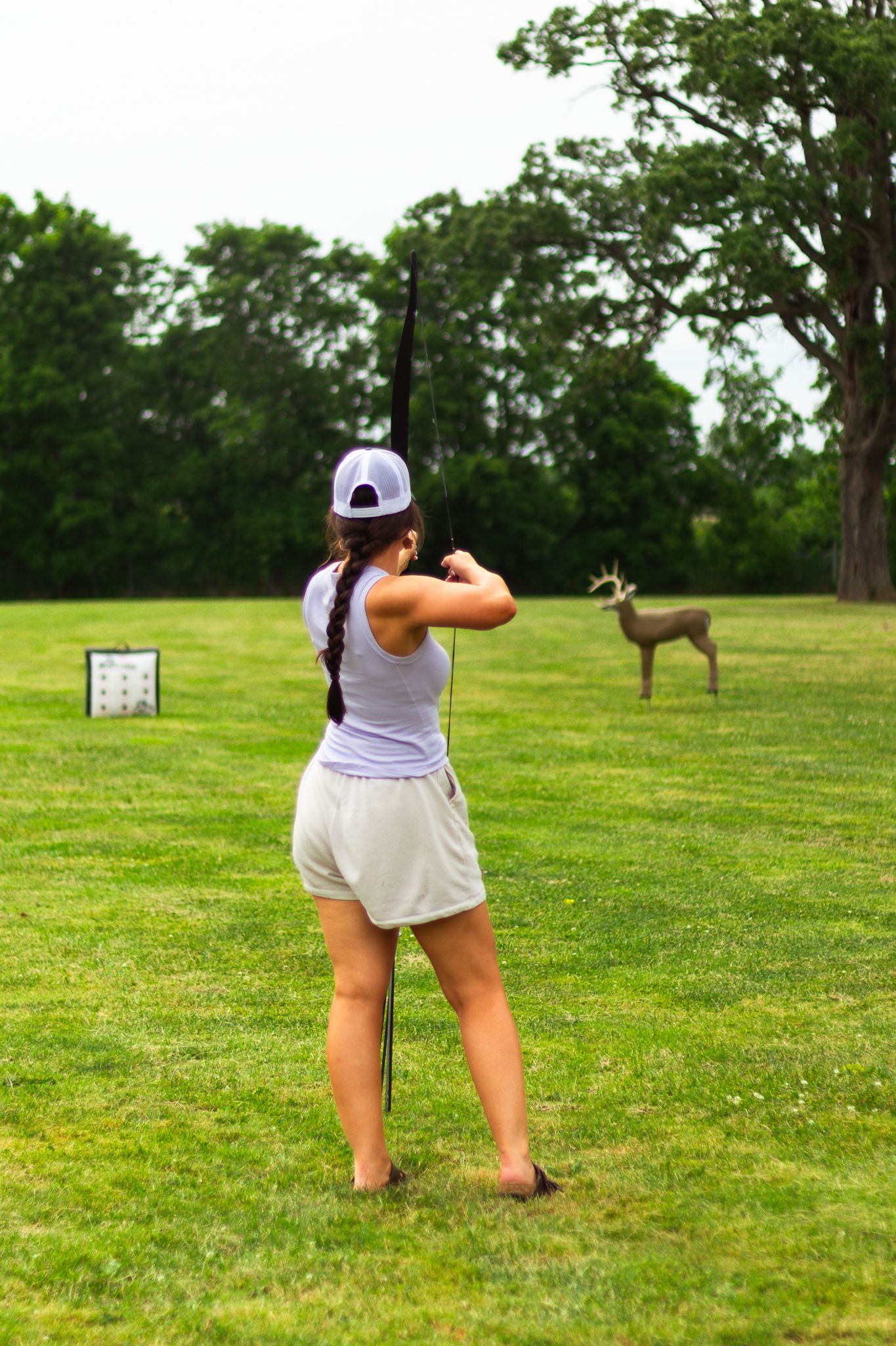 Archery target practice in a grassy field with a deer visible in the background.
