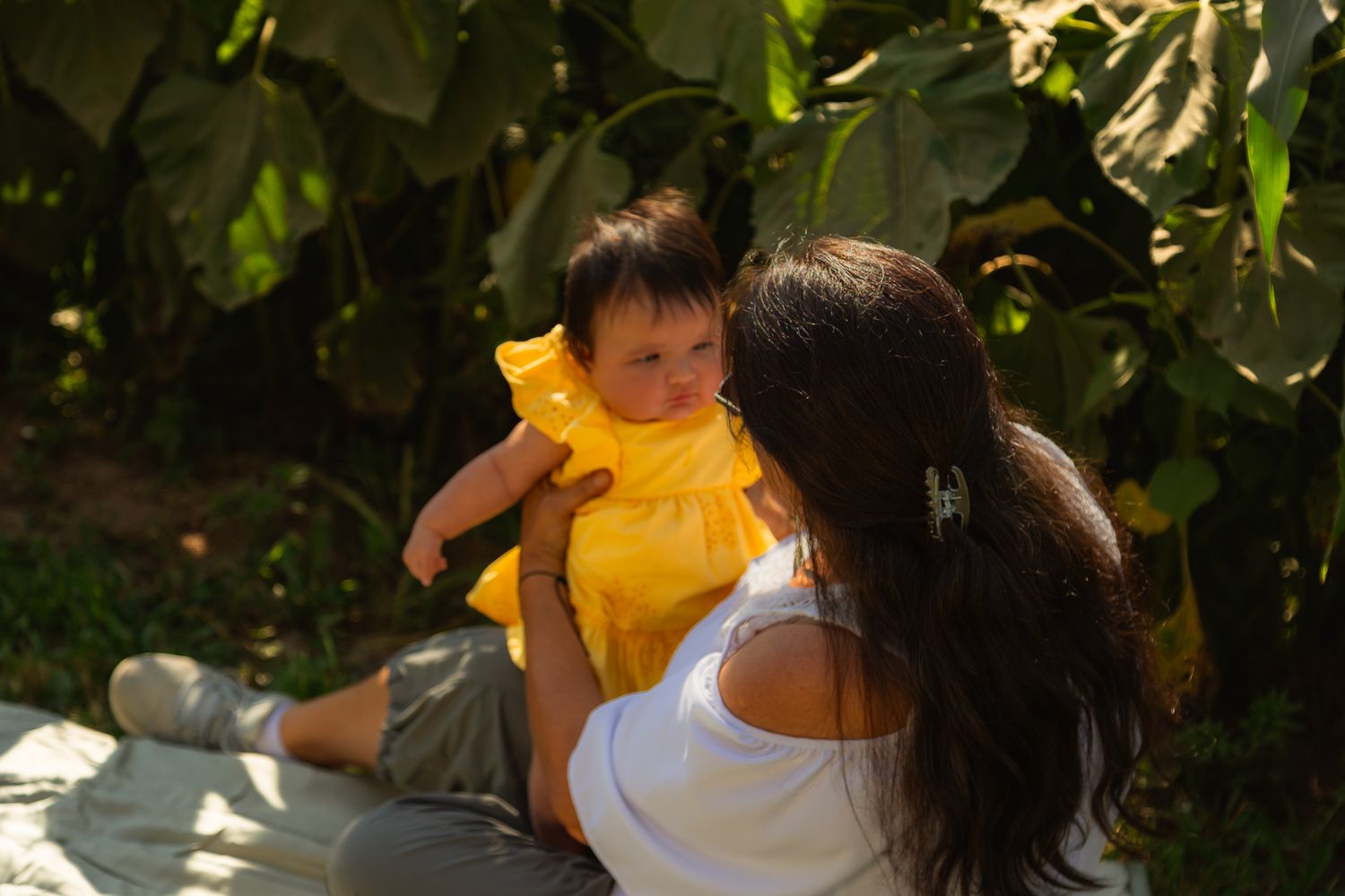 A tender family moment photographed in a lush sunflower field.