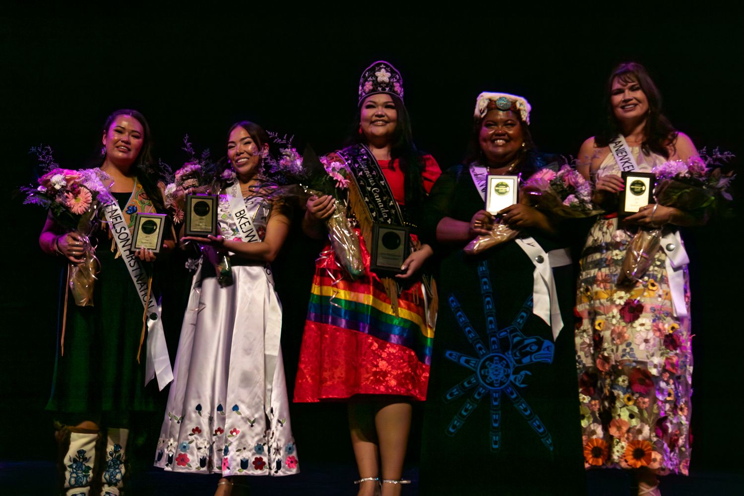 Group performance featuring participants in colorful traditional costumes on stage.