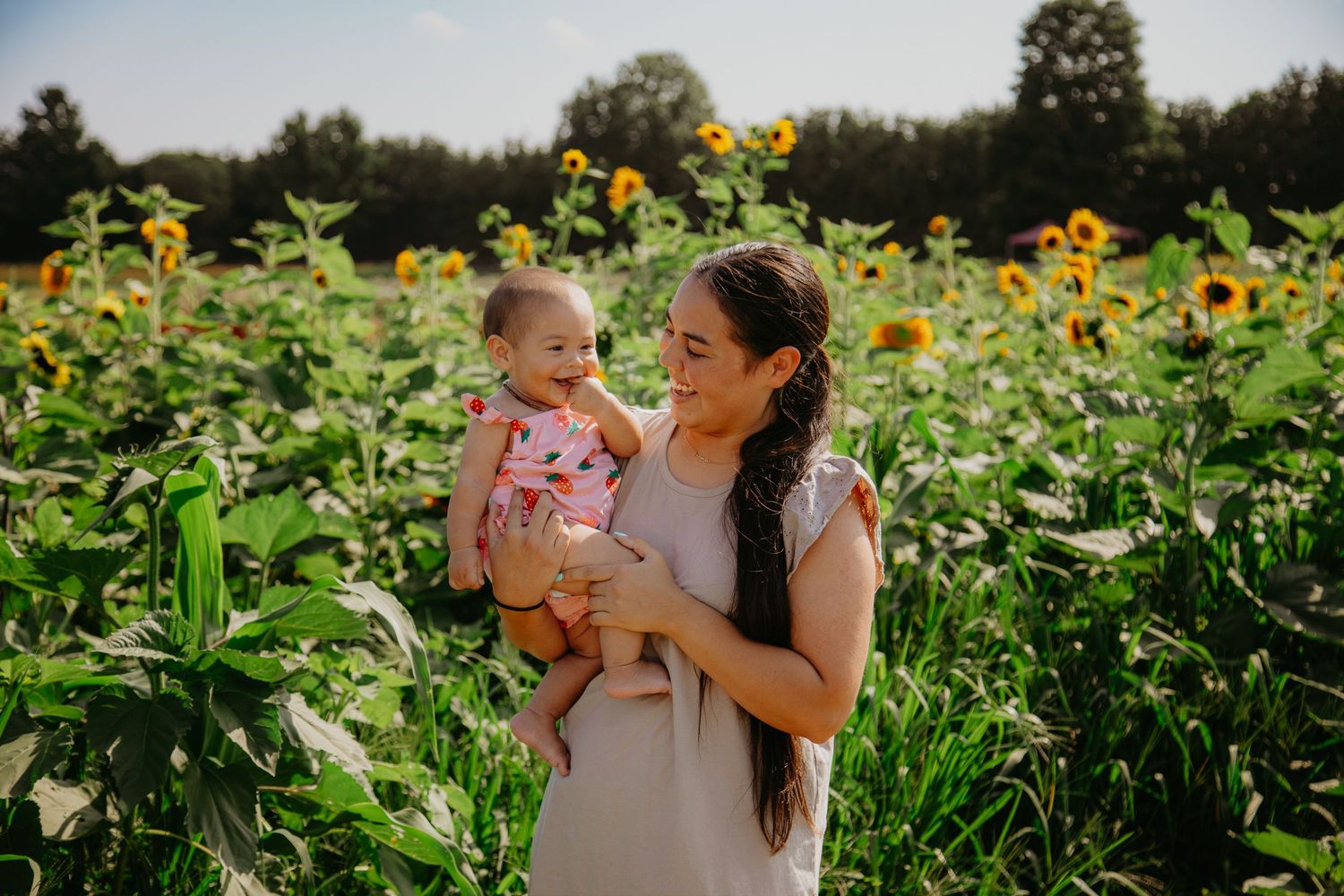 A baby in pink clothing smiles while being held among blooming sunflowers on a bright day.