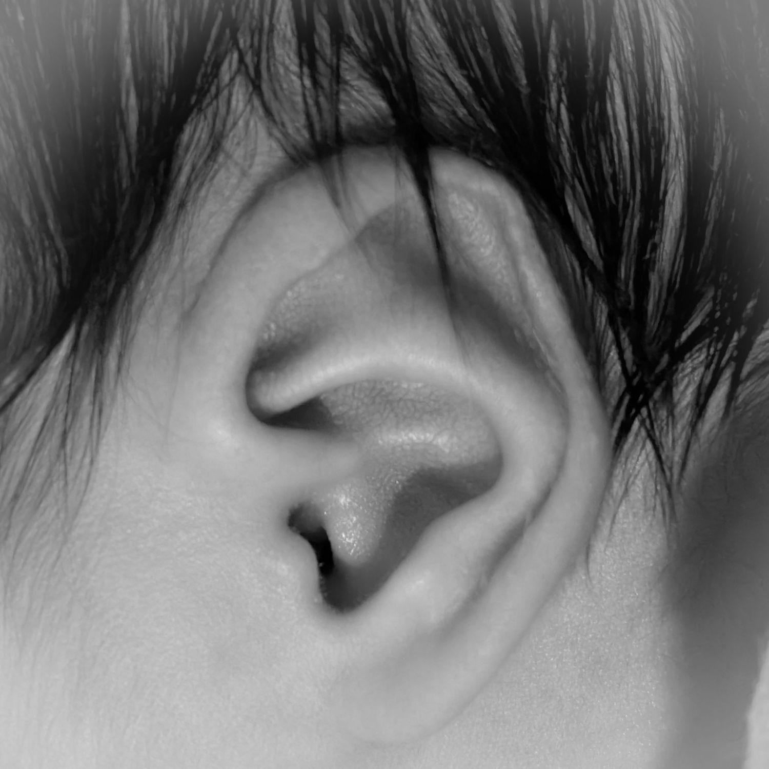 Abstract black and white macro shot of baby's hair and ear.