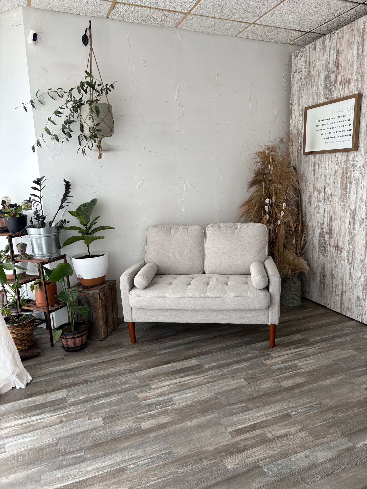 Bright boho studio space with a cream tufted loveseat, houseplants, and rustic wood accent wall.