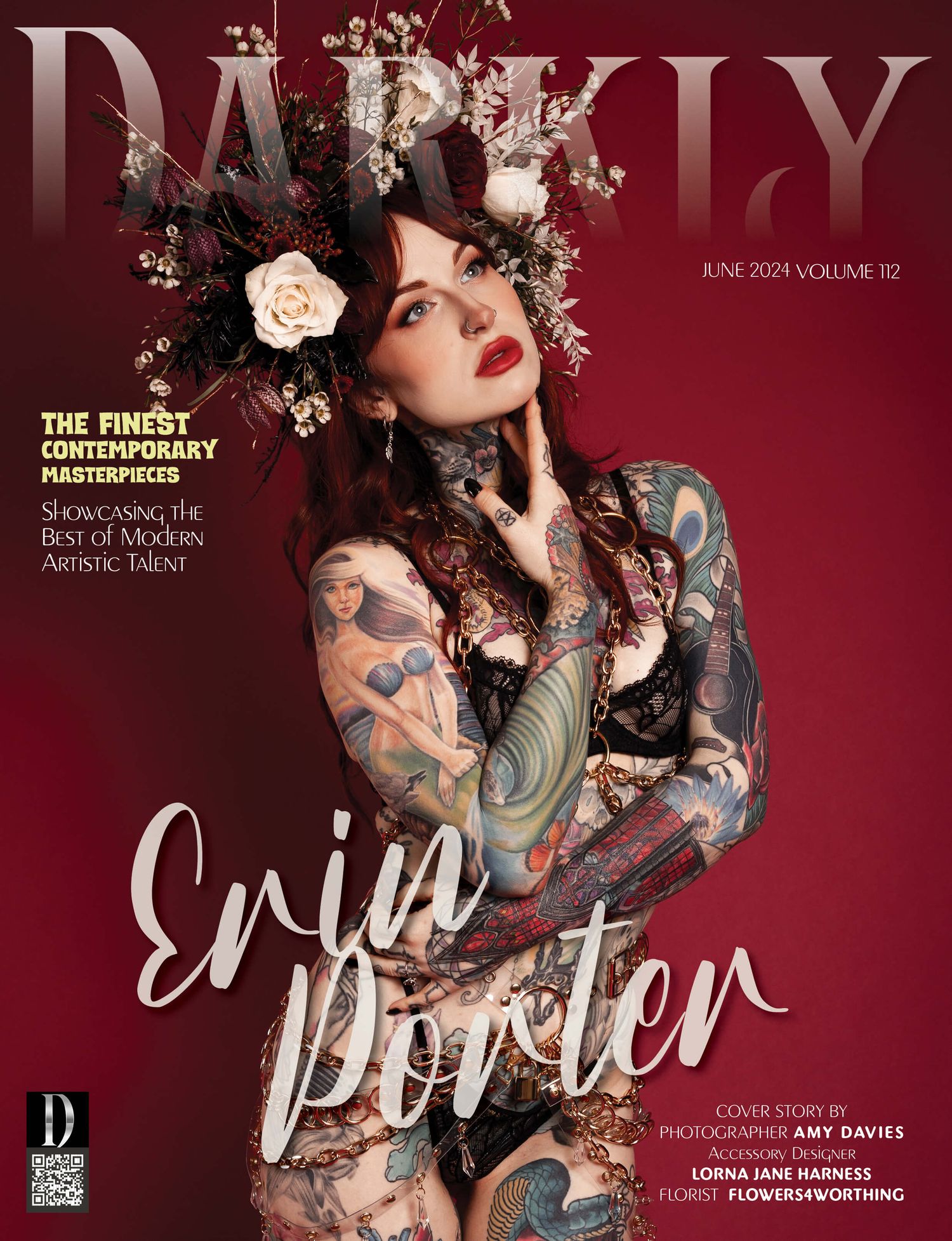 Front cover of Darkly Magazine June 2024 wearing floral headdress