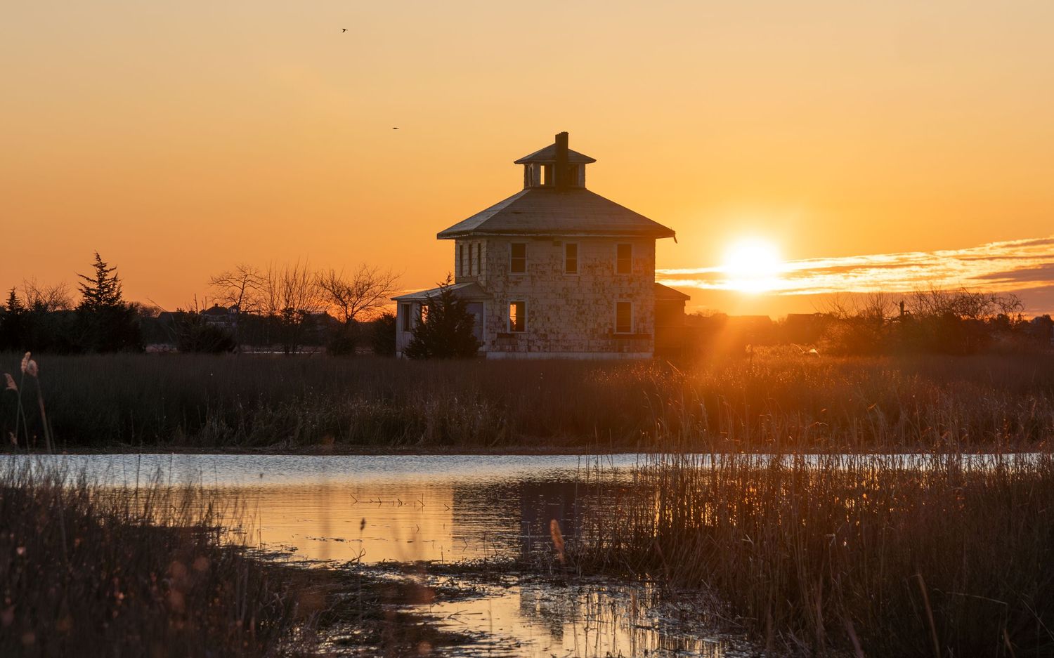 Coastal Pink house silhouetted against a golden orange sunset over calm waters.