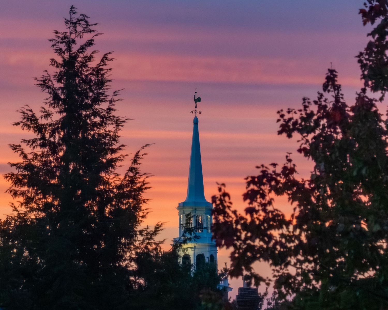 Church steeple silhouetted against a vibrant pink and purple sunset sky framed by evergreen trees.
