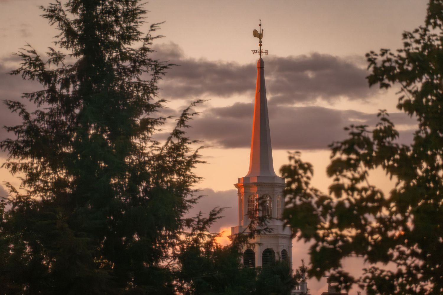 Church steeples silhouetted against dramatic sunset sky with trees in foreground.