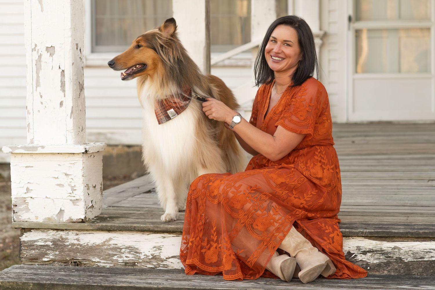 White porch portraits featuring casual poses with a collie dog.