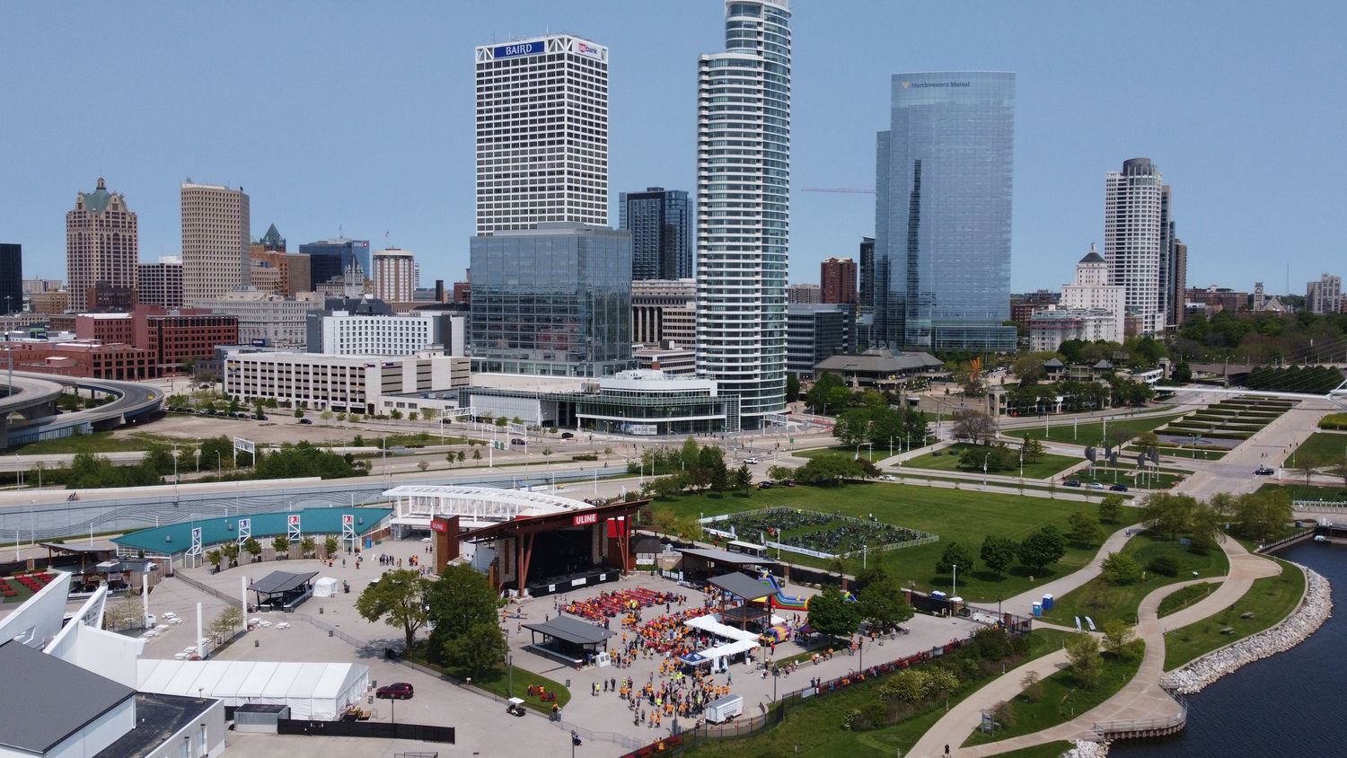 An aerial photo of the milwaukee skyline