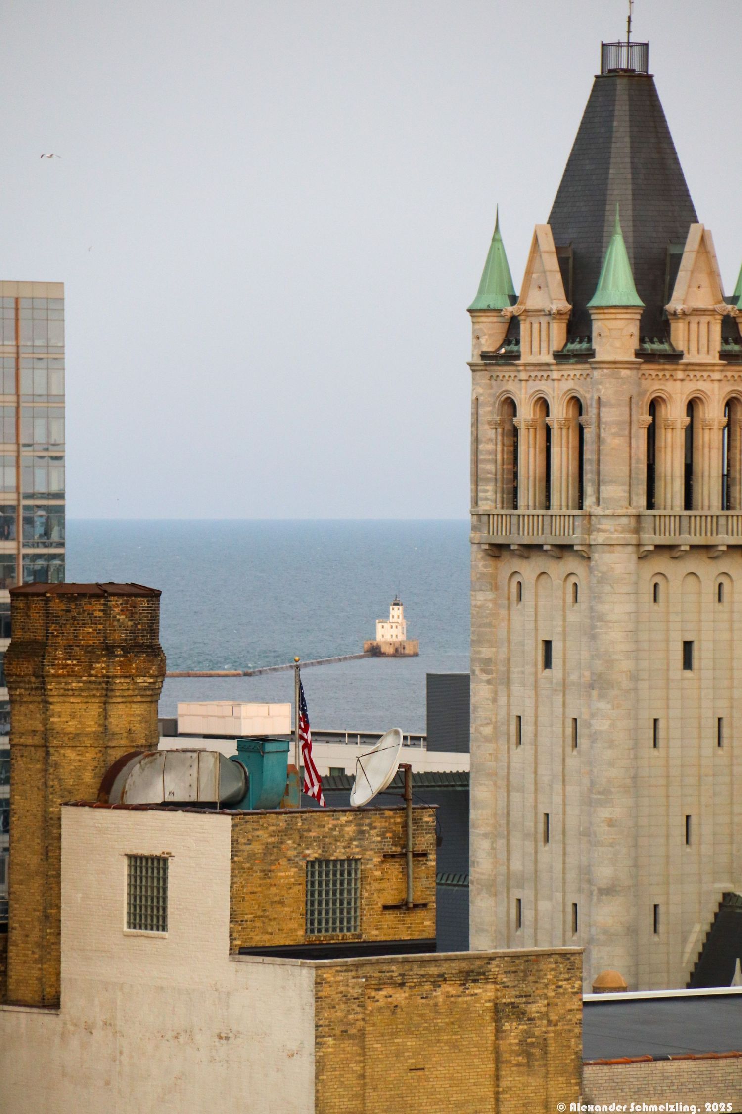An aerial photo of the milwaukee skyline