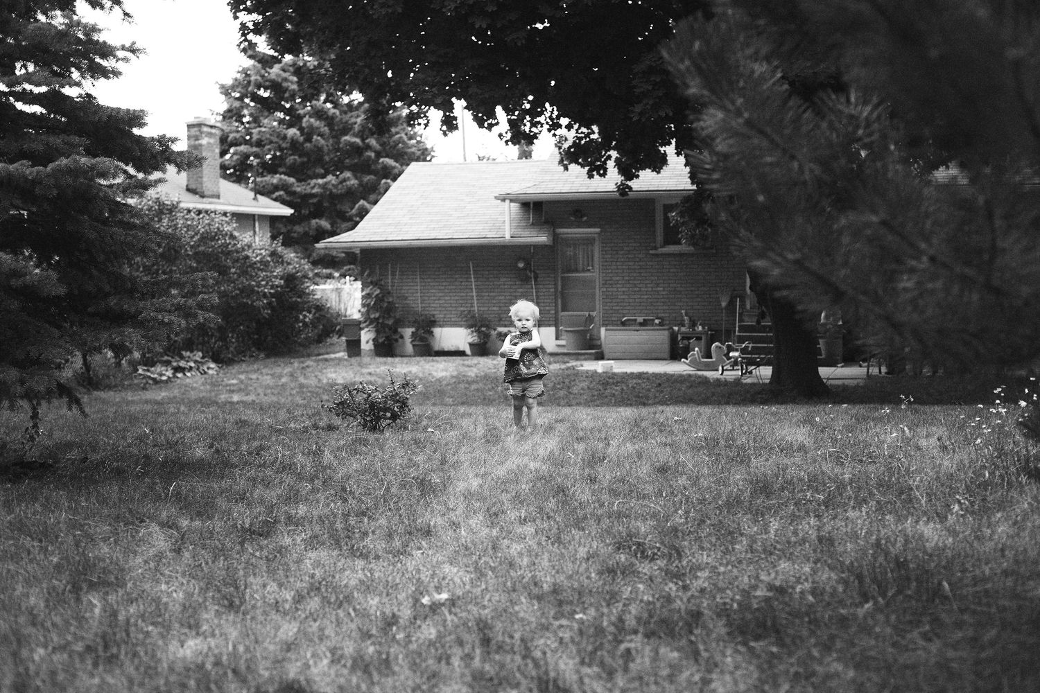 Black and white landscape showing rural houses and fields.