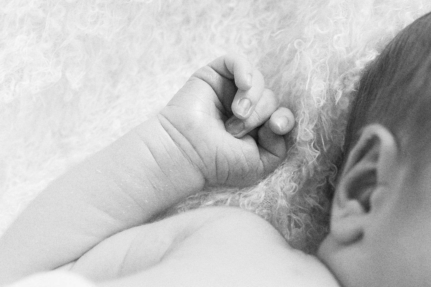 Gentle close-up of newborn's tiny fingers and hand details.