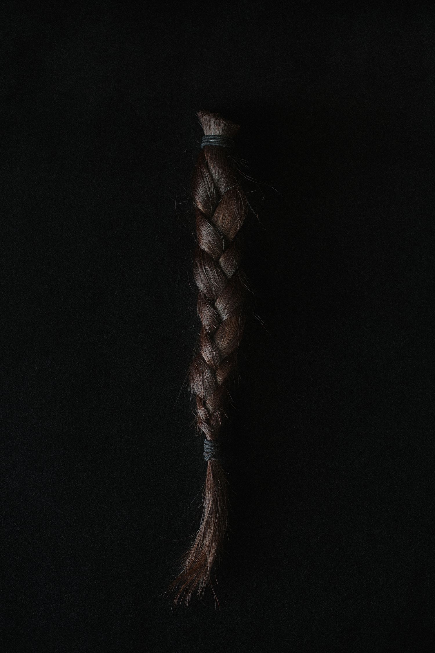 A long braided brown hair photographed against a dark background.