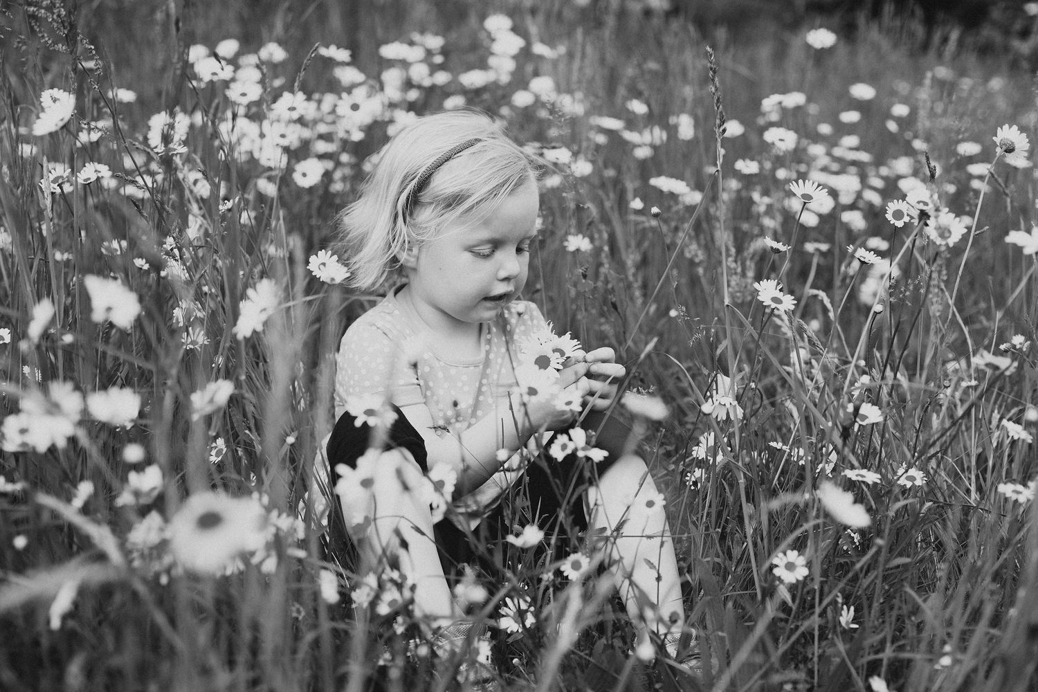 Child exploring wildflower meadow with white daisies in black and white.