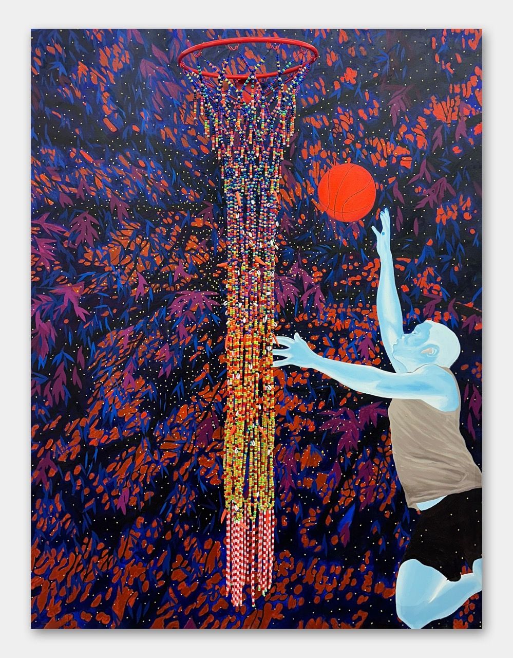 Higher Goals (After Hammons), 2024
Oil and basketball hoop with beaded net on canvas
244 x 183 cm / 96 x 72 in