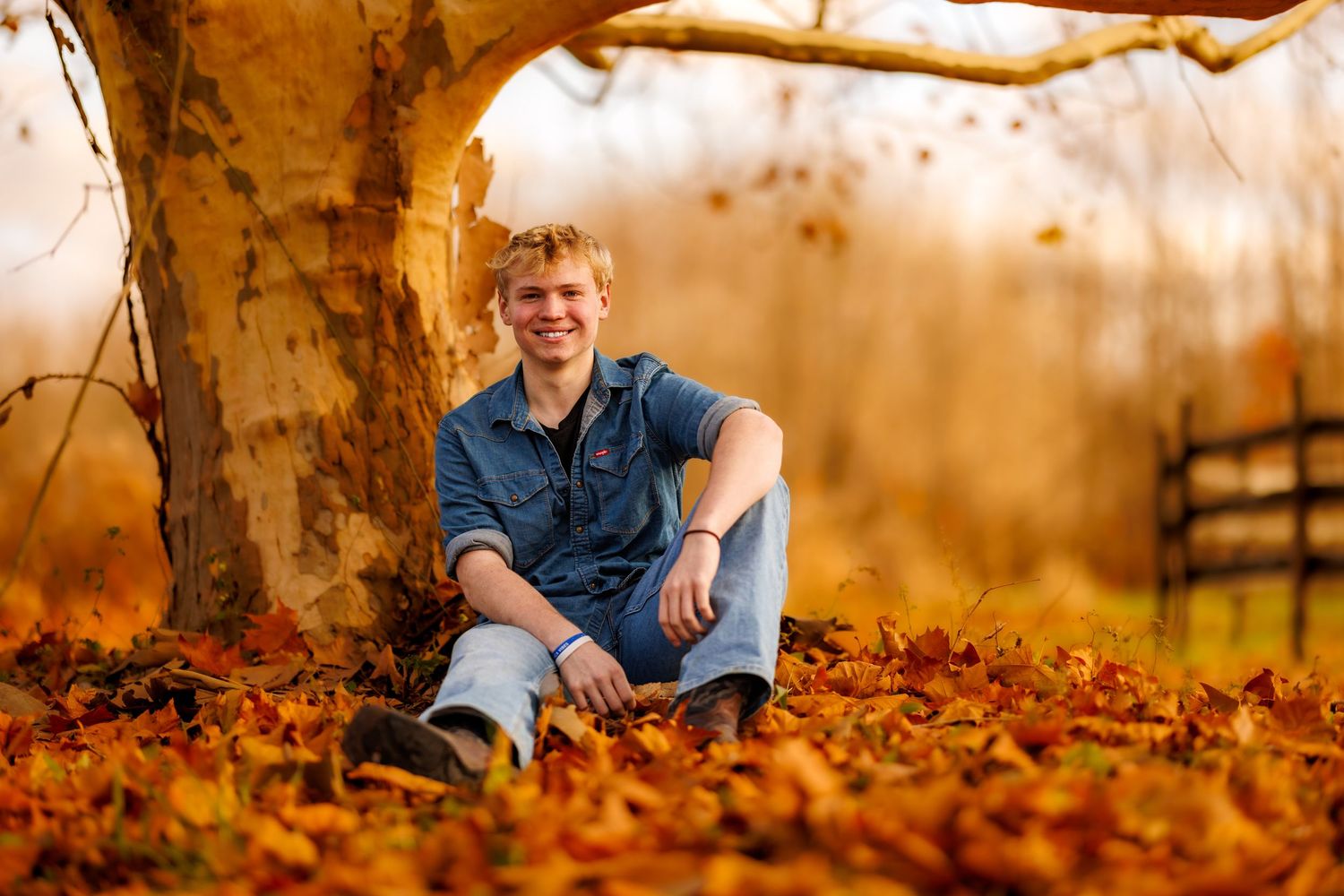 Smiling teenage boy sitting under a tree surrounded by golden autumn leaves.