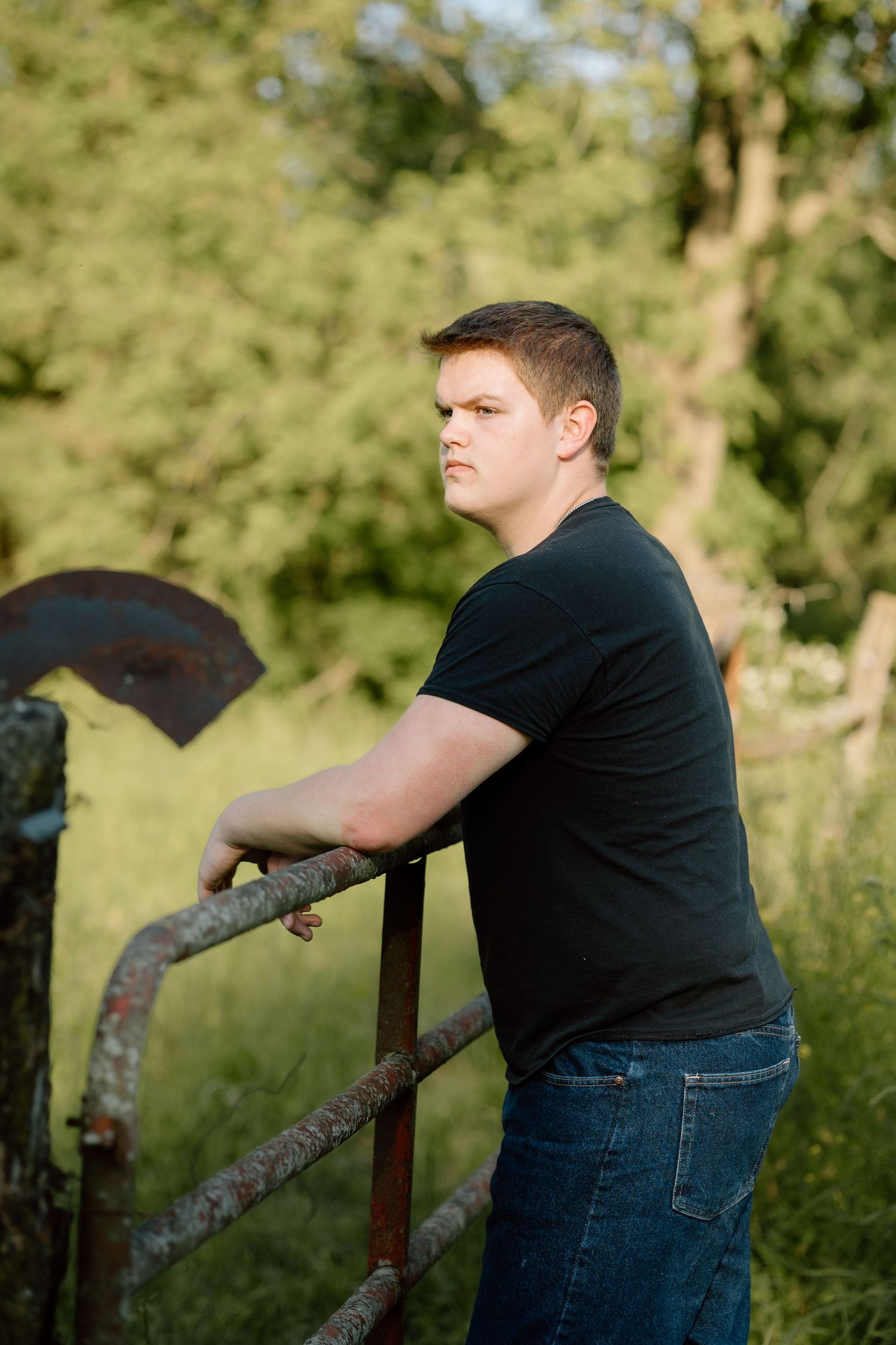 Teen boy in black shirt leans on rustic gate gazing into distance in sunny green landscape.