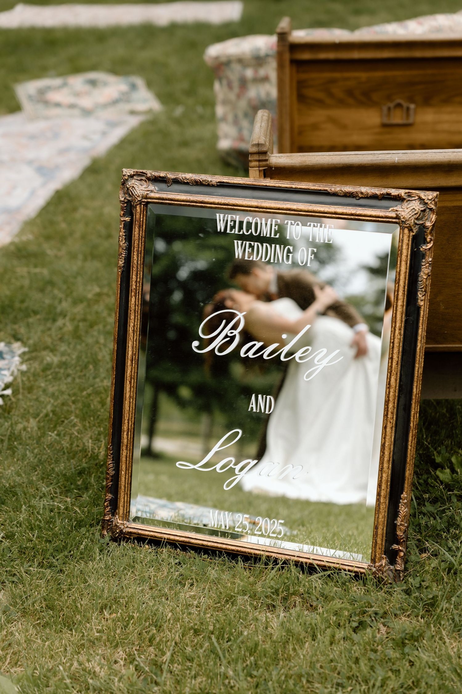 Ornate gold-framed wedding welcome mirror sign for Bailey and Logan, May 25, 2025.