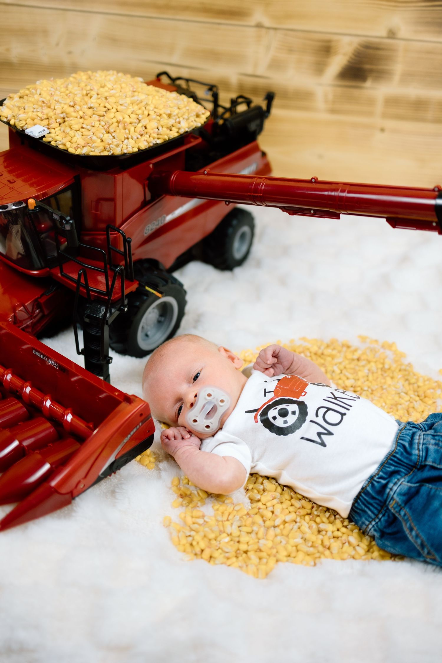 Newborn baby named Walker lying among corn kernels between large red toy combine harvesters on white fluffy surface.