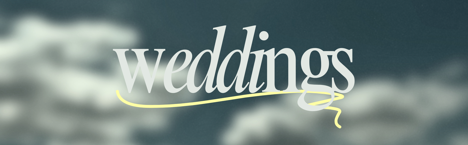 Elegant weddings text logo on a soft cloudy blue background.