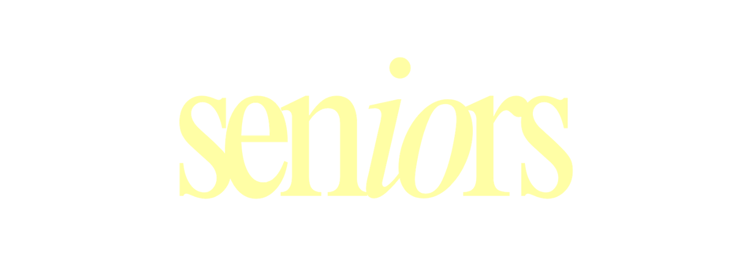 Pale yellow script seniors text logo on white background.