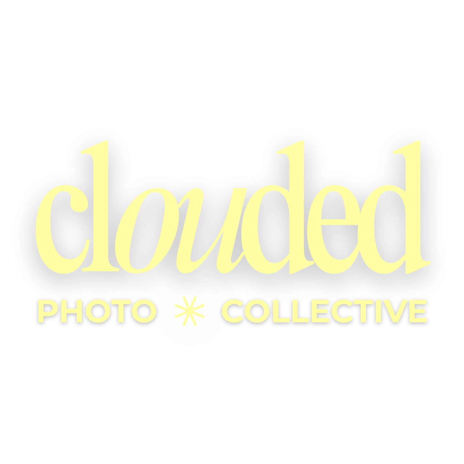 Clouded Photo Collective logo in pale yellow script with subtle shadow on a white background.