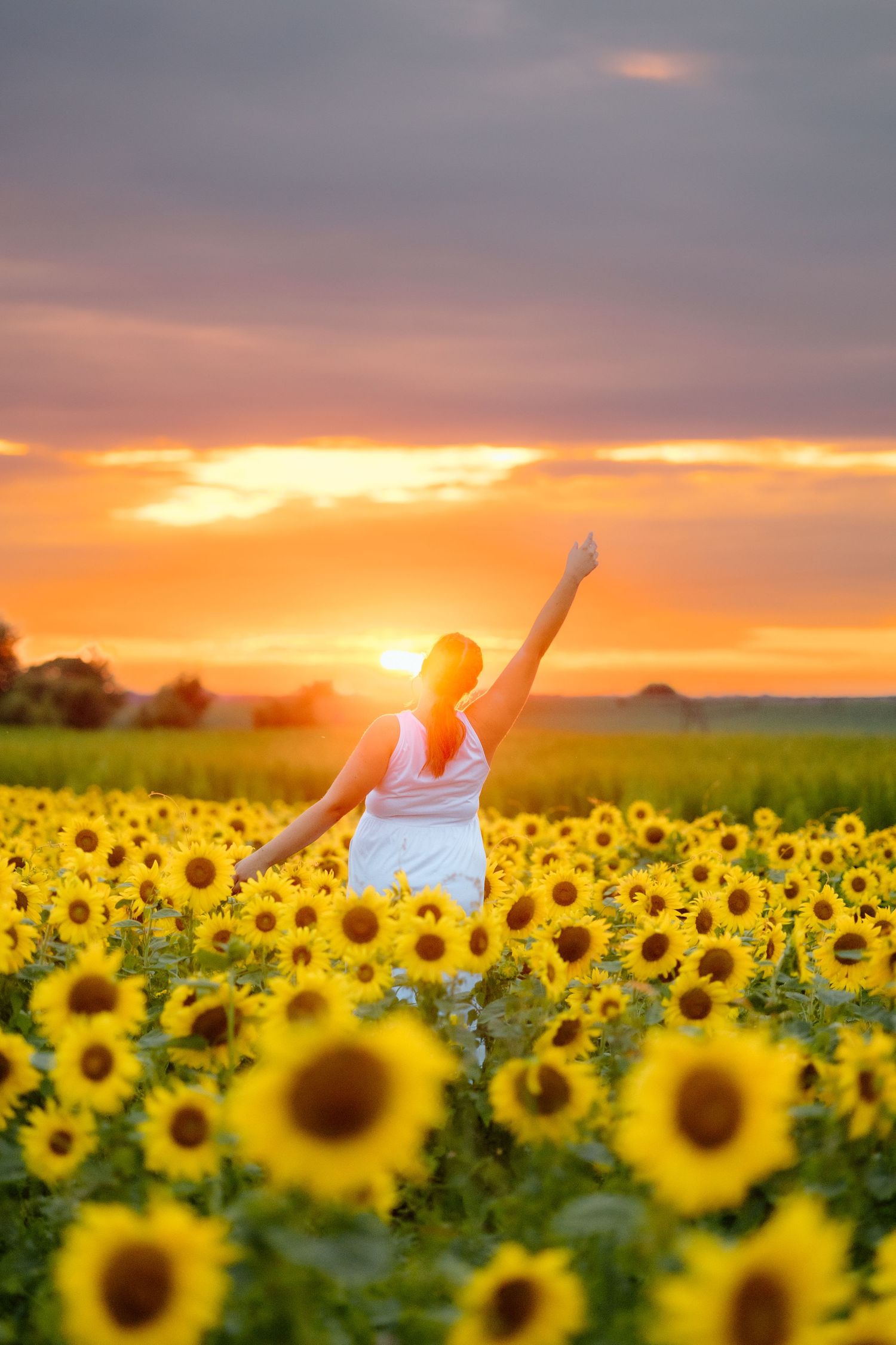 Woman in white dress raising one arm joyfully in a golden sunflower field at sunset.