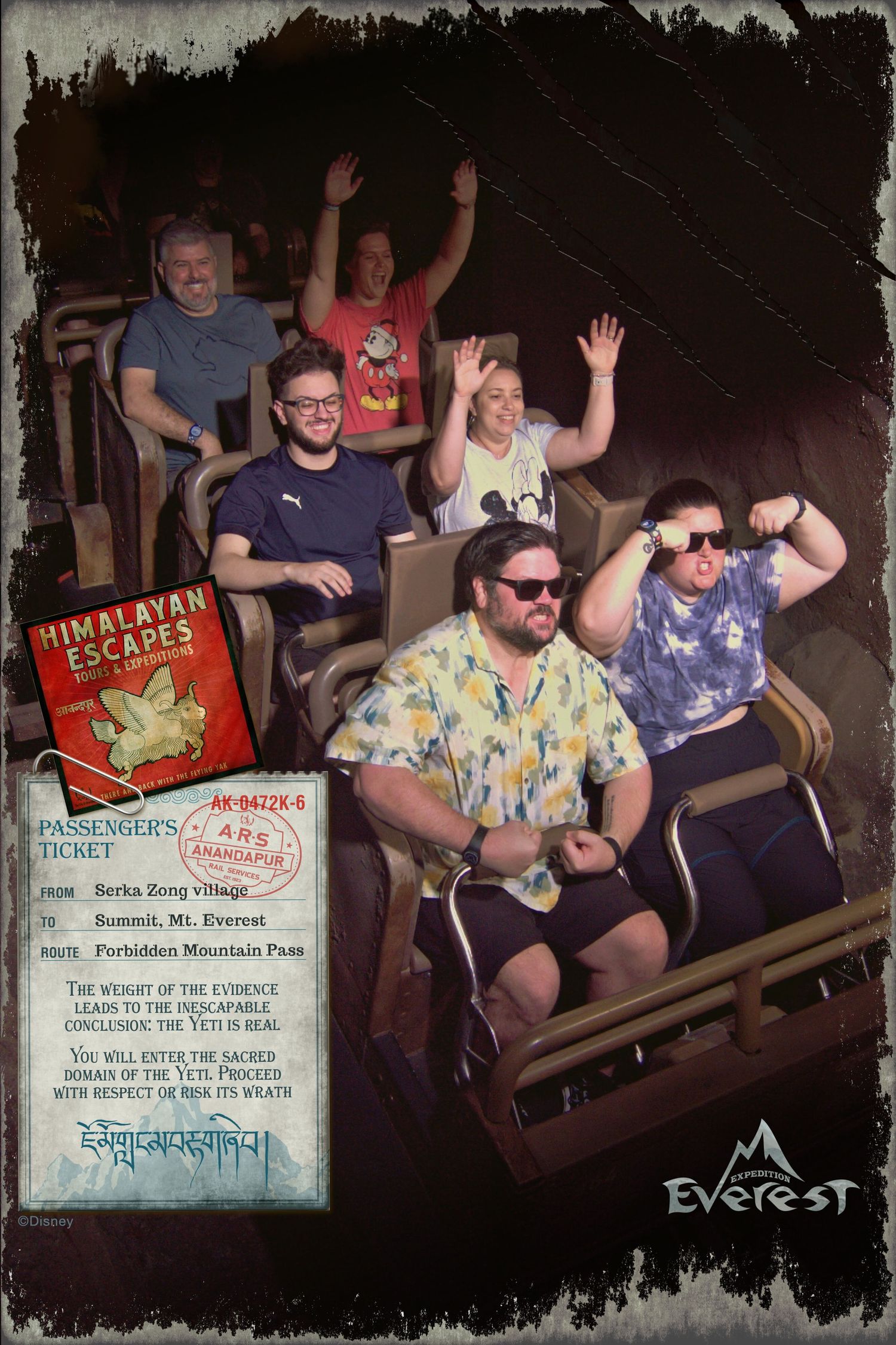 A group of excited riders enjoy the Expedition Everest roller coaster at Walt Disney World with hands raised.