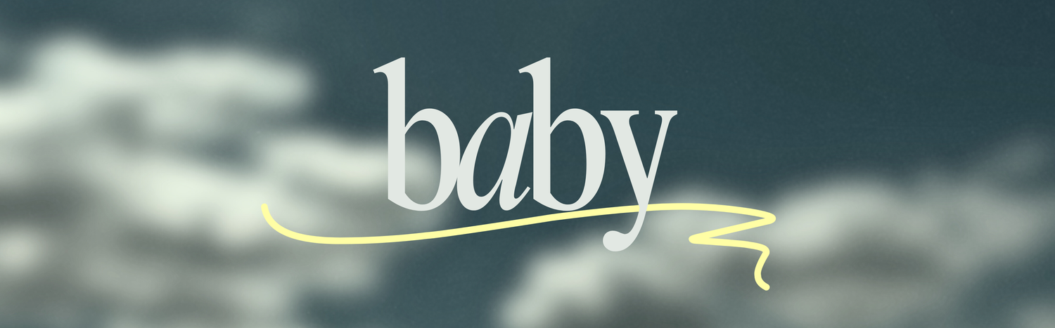 Elegant baby shower or maternity announcement graphic with cursive baby text on a soft cloudy background.