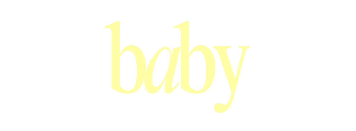Soft yellow script baby text logo on white background.