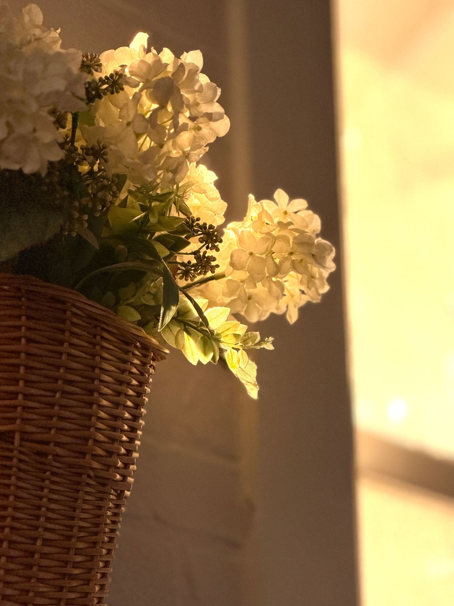 White hydrangea flowers in a wicker basket are beautifully illuminated by warm golden light near a window.