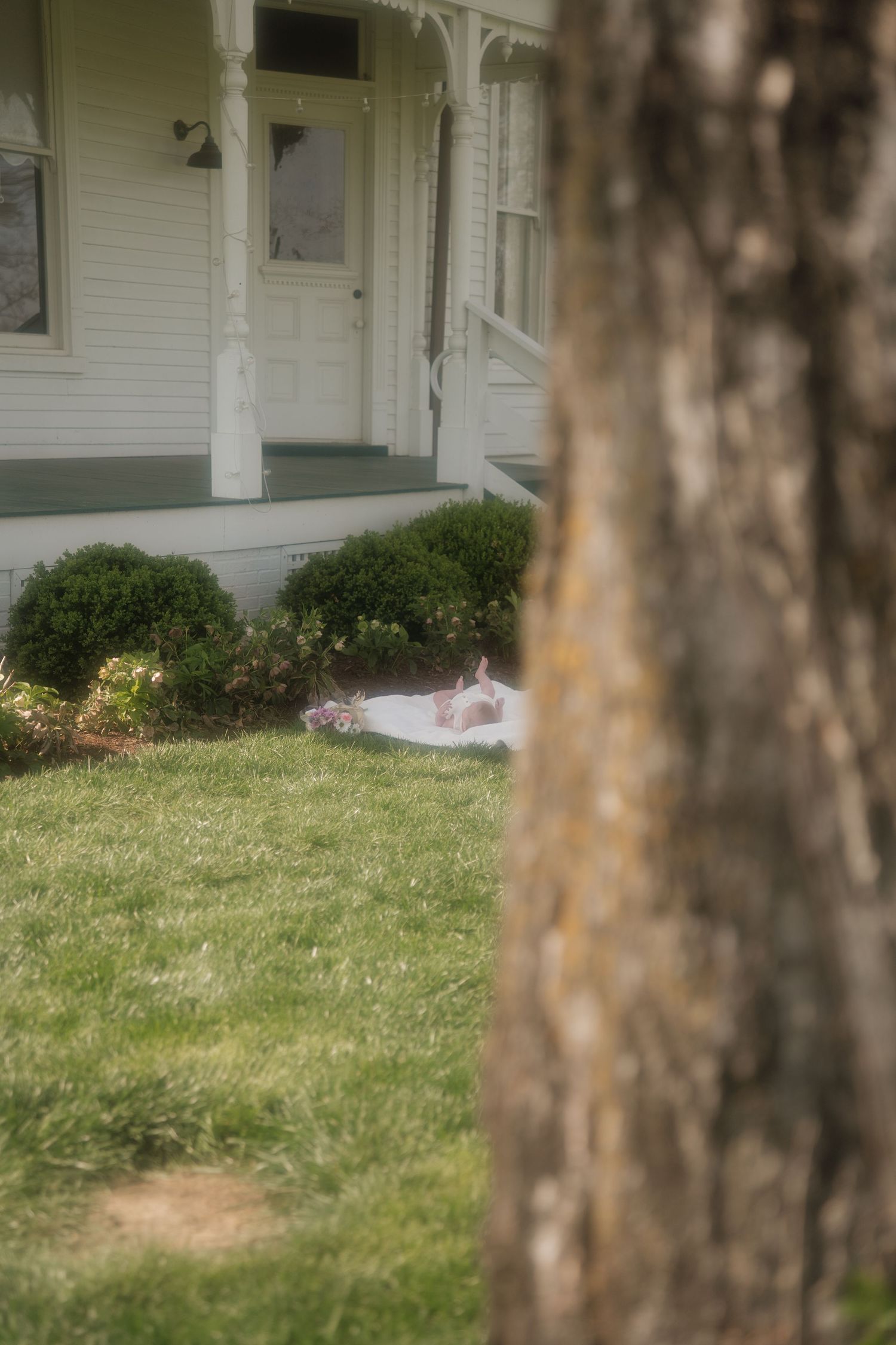 White cat resting on a blanket in front of a charming white farmhouse porch with green lawn.