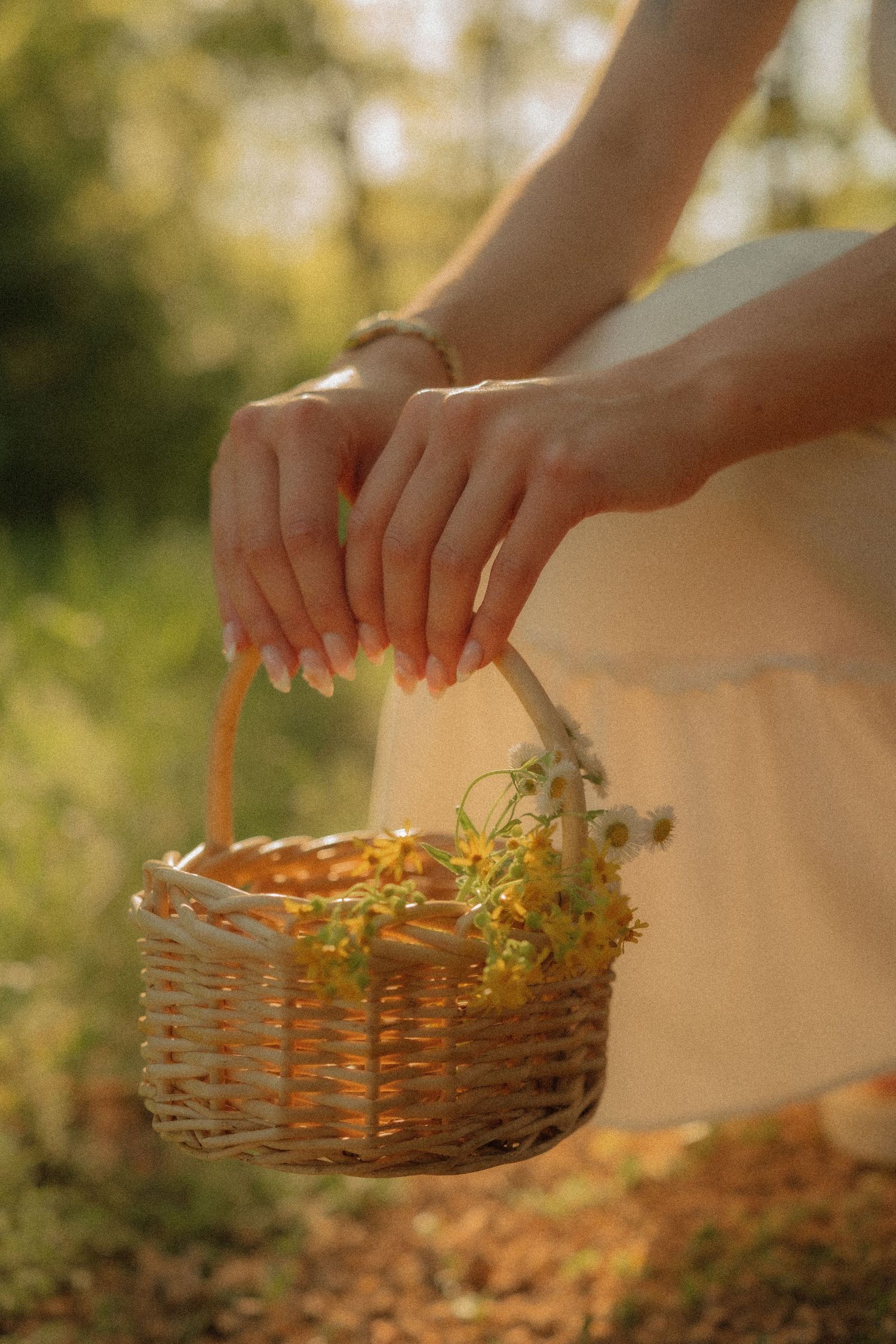 Woman in white dress holding a wicker basket filled with yellow wildflowers outdoors in soft sunlight.