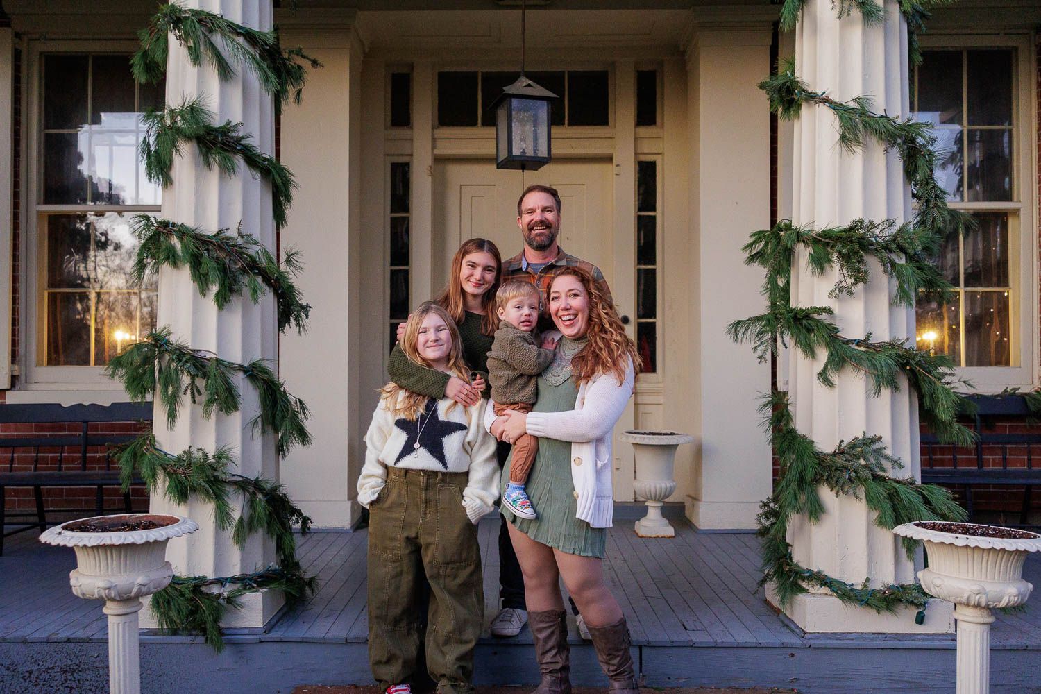 Family holiday photos with holiday decorations at Historic Smithville Park in Eastampton, NJ