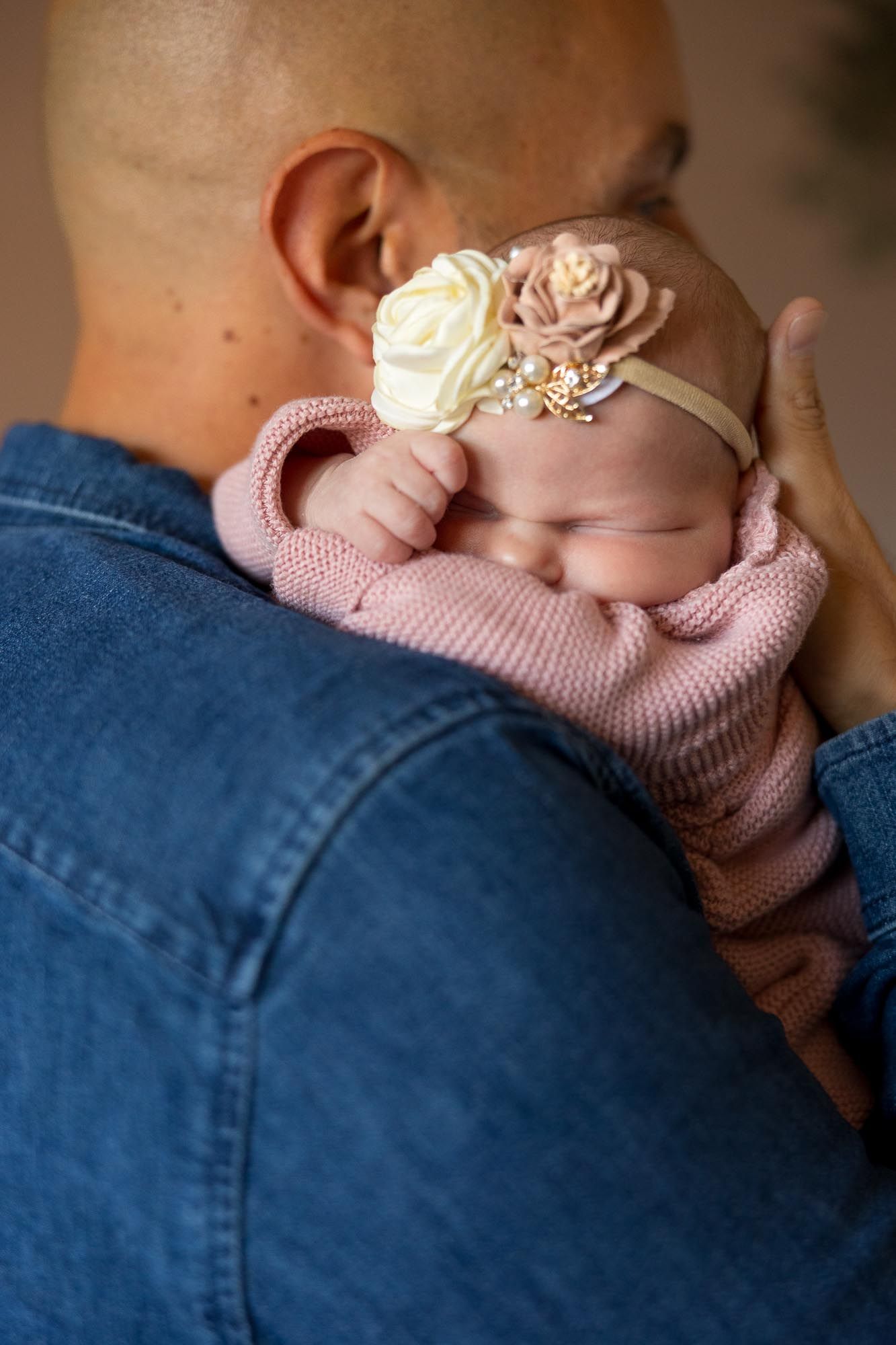 Dad and daughter during in home lifestyle newborn session in Burlington County, New Jersey