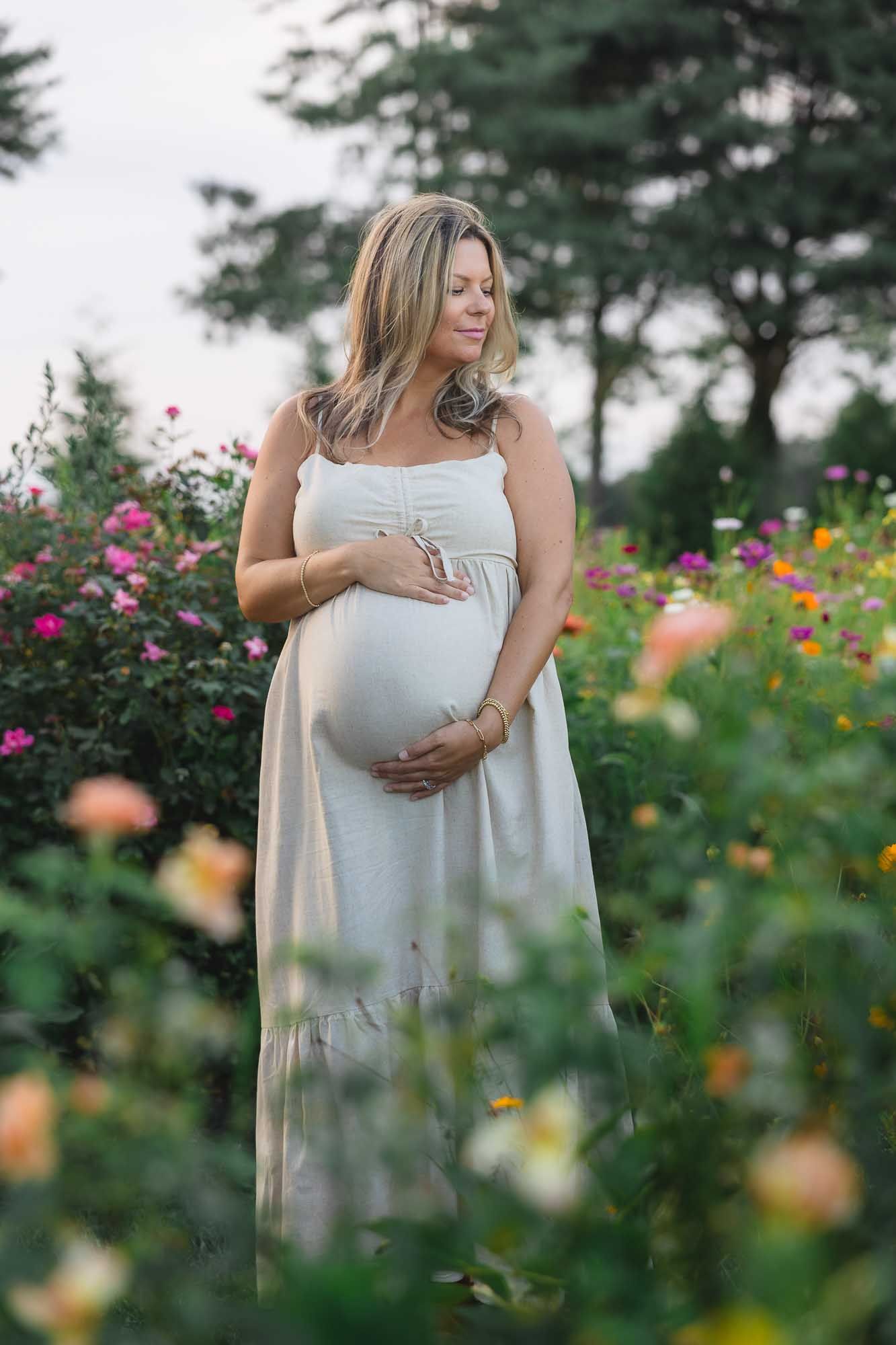 Maternity photo session in flower field during golden hour in Burlington County, NJ, by Rego Photography, newborn & maternity photographer