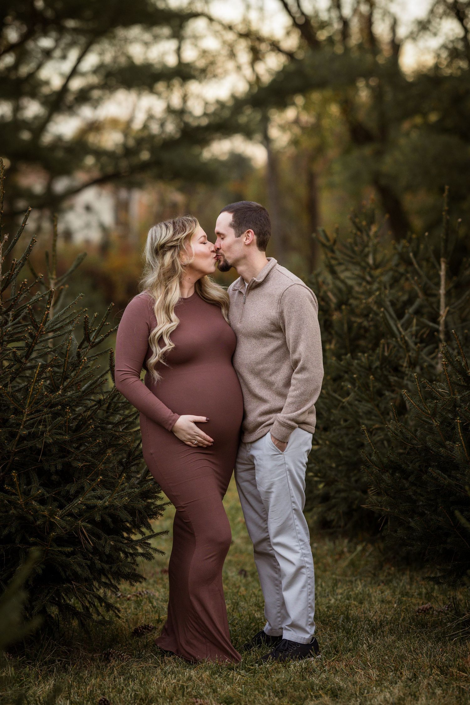 Maternity photo session at Christmas Tree Farm during golden hour in Burlington County, New Jersey, by Rego Photography