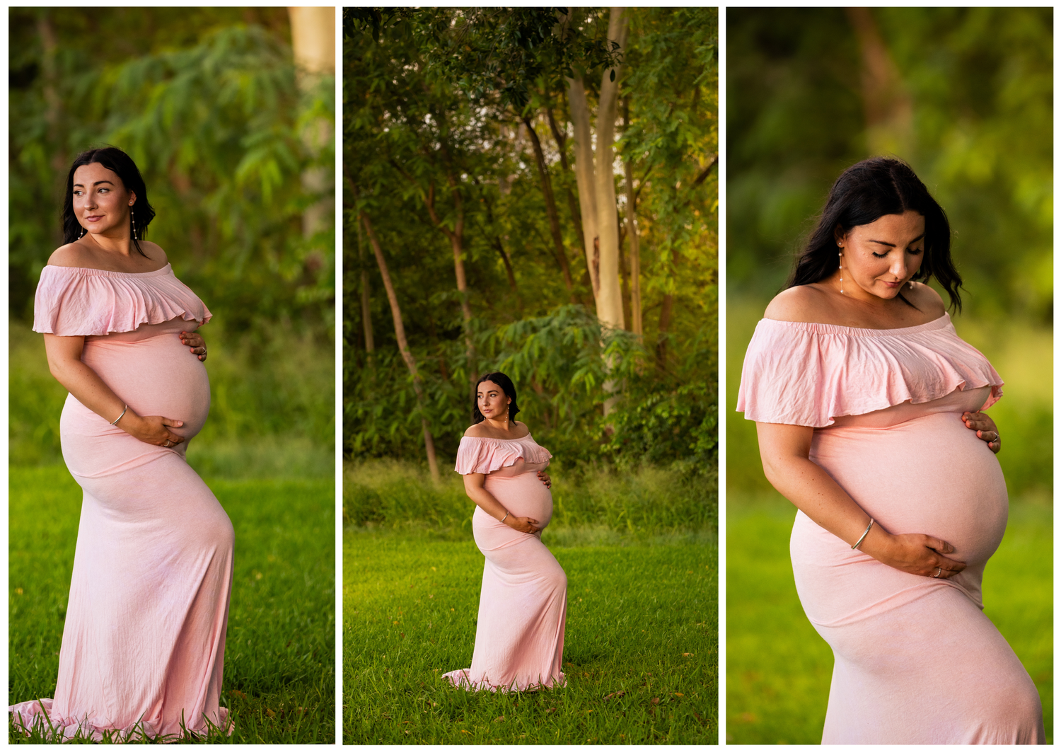 Maternity photo series in pink off-shoulder dress against garden backdrop.