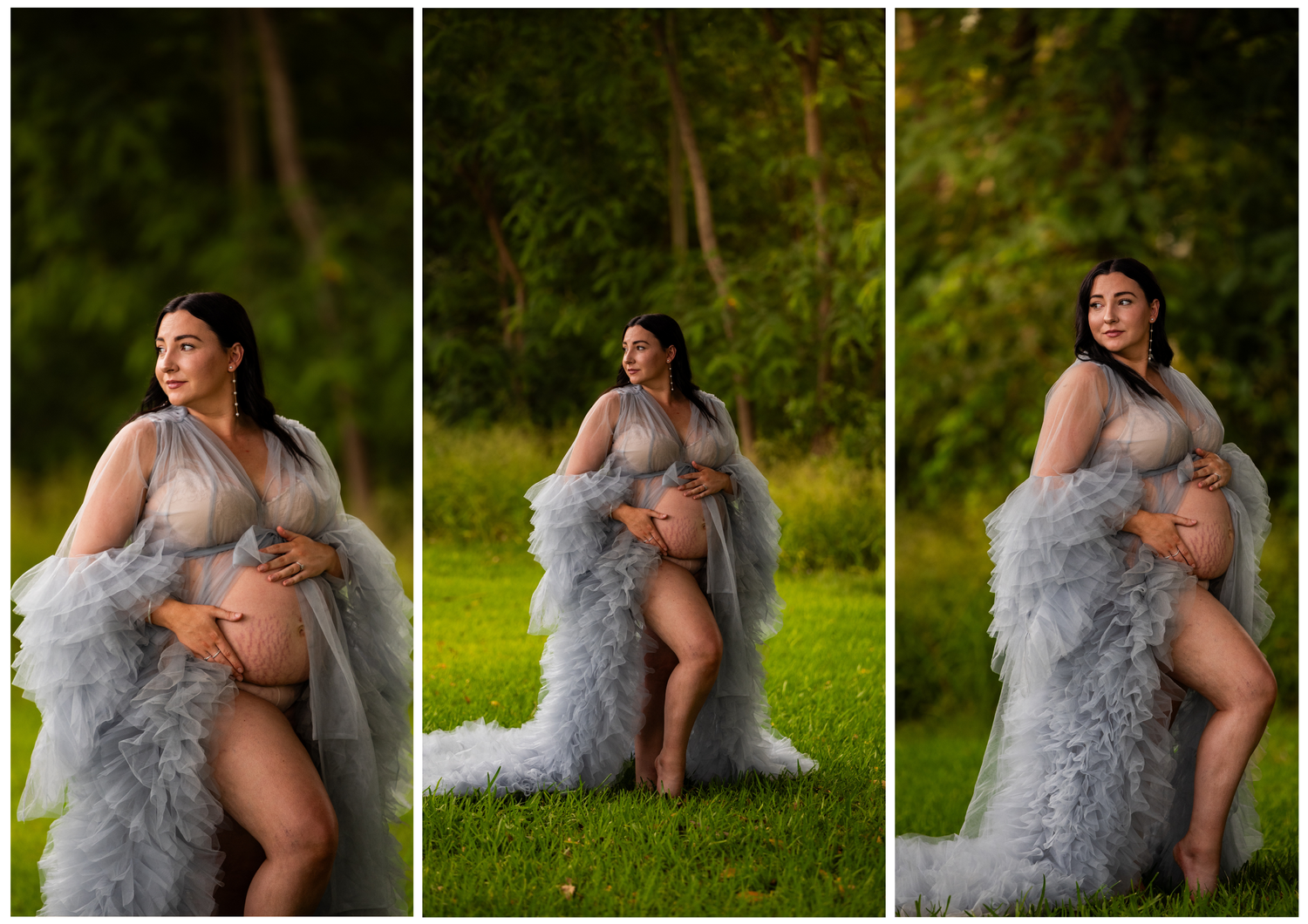 Maternity photos showing person in flowing gray robe outdoors.