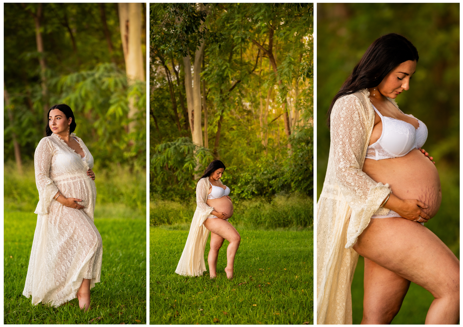 A flowing cream lace dress creates romantic silhouettes during an outdoor maternity photoshoot.
